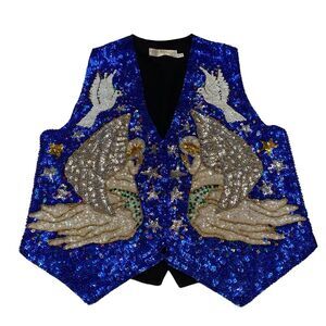 Vintage SAVVY Handcrafted Heavily Sequined Beaded Praying Angels Doves Vest Sz S